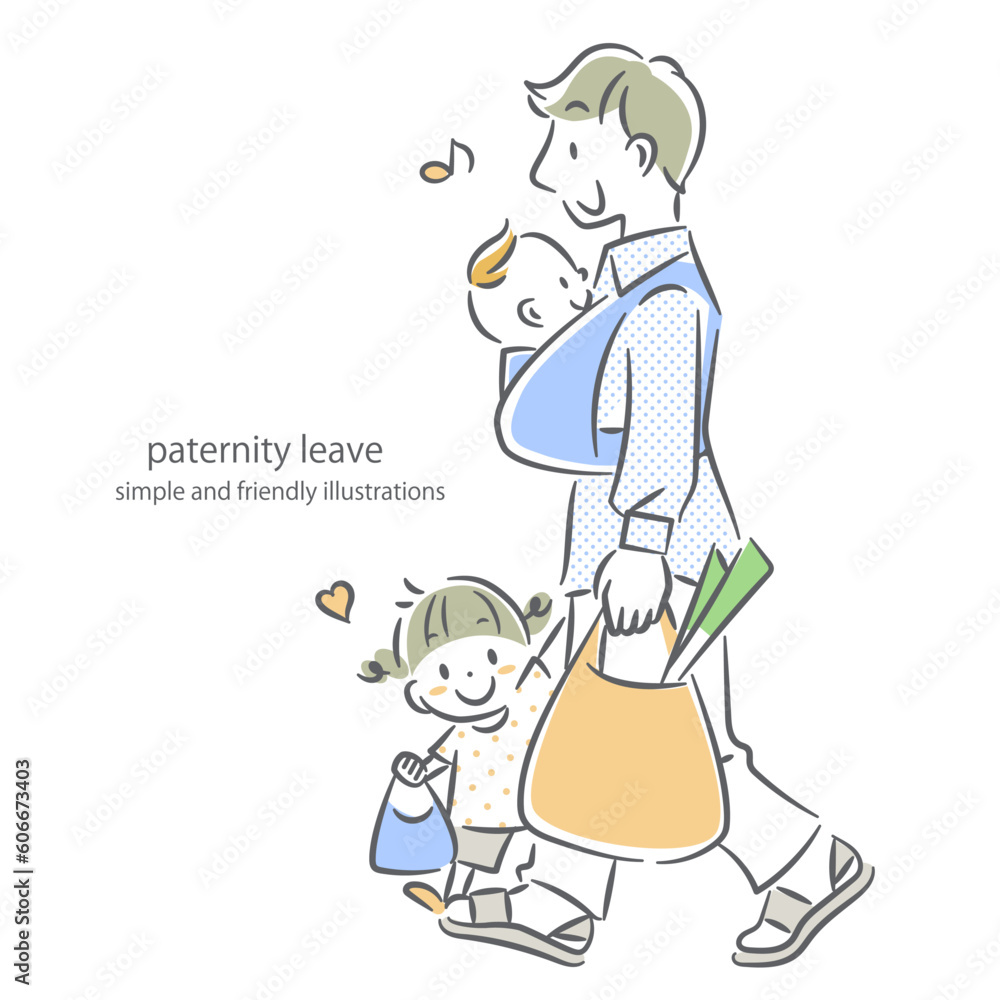 ふたりの子供を連れて買い物へ行く若いお父さん シンプルでお洒落な線画イラスト ふたりの子供を連れて買い物へ行く若いお父さん シンプルでお洒落な線画イラスト