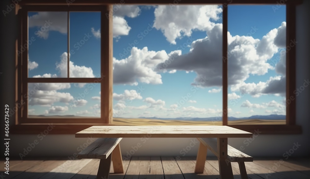 Wooden table empty, view of clouds and blue sky through open window. Generative Ai.