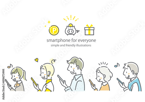 スマホを楽しむ人々セット　シンプルでお洒落な線画イラスト