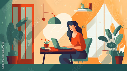 AI generated: Home office concept, woman working from home, student or freelancer. Cute vector illustration in flat style