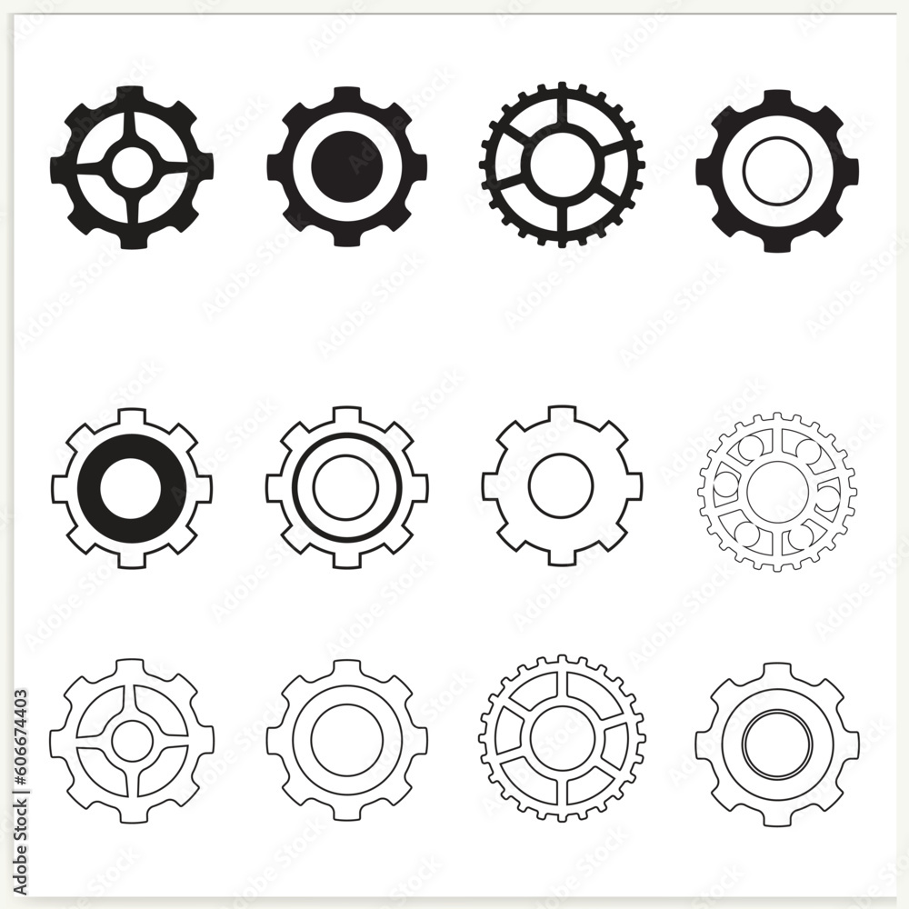 Gear setting vector icon set. Isolated black gears mechanism and cog wheel on white background. Cogwheel icons Gear setting vector icon set. Isolated black gears mechanism and cog wheel on white background. Cogwheel icons
