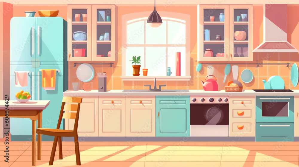 AI generated: Modern cozy kitchen interior with dining area, flat style, vector graphic design template AI generated: Modern cozy kitchen interior with dining area, flat style, vector graphic design template