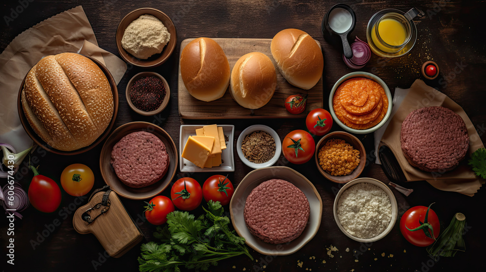 Φωτογραφία different types of food on a wooden table with bread, cheese, tomatoes, and other ingredients for making burgers