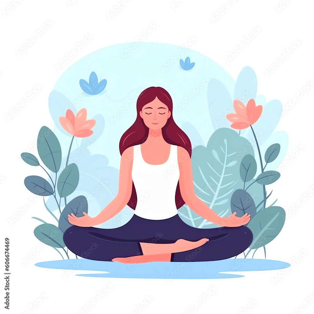 AI generated: Woman meditating in nature and leaves. Concept illustration for yoga, meditation, relax, recreation, healthy lifestyle. Vector illustration in flat cartoon style AI generated: Woman meditating in nature and leaves. Concept illustration for yoga, meditation, relax, recreation, healthy lifestyle. Vector illustration in flat cartoon style
