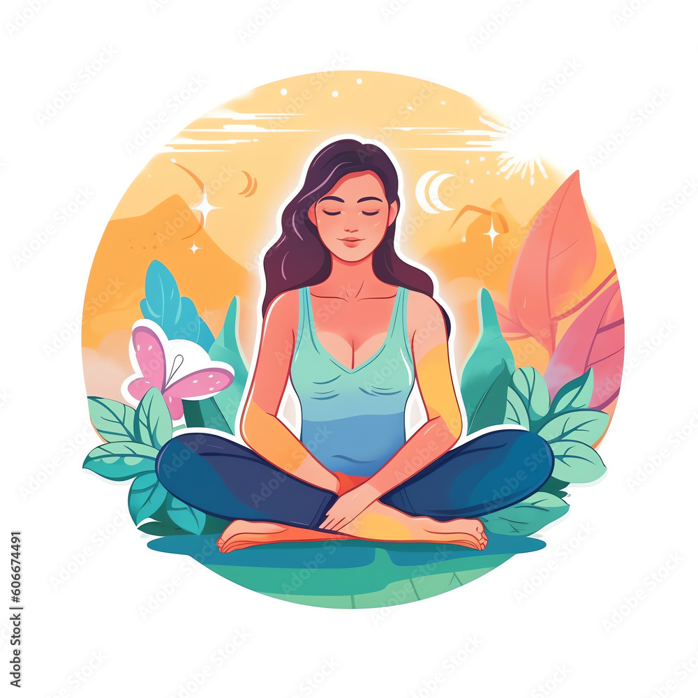 AI generated: Woman meditating in nature and leaves. Concept illustration for yoga, meditation, relax, recreation, healthy lifestyle. Vector illustration in flat cartoon style