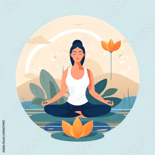 AI generated  Woman meditating in nature and leaves. Concept illustration for yoga  meditation  relax  recreation  healthy lifestyle. Vector illustration in flat cartoon style