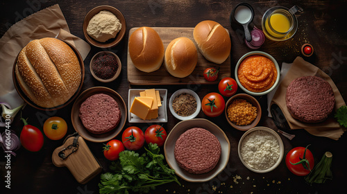 different types of food on a wooden table with bread, cheese, tomatoes, and other ingredients for making burgers. Generative Ai photo