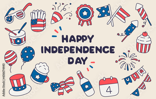 4th July Happy Independence Day Doodle Color Icons Set.