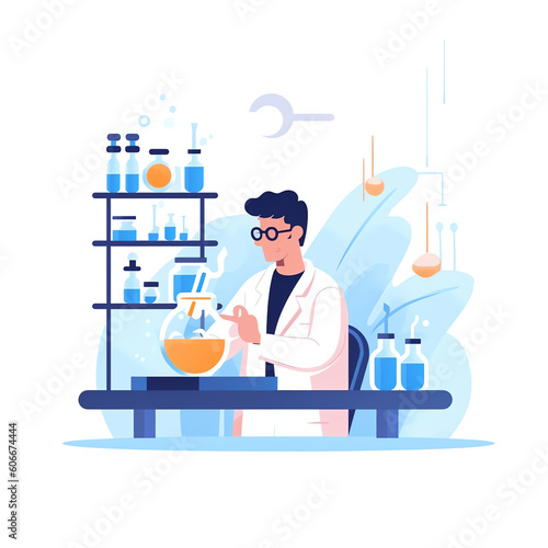 AI generated: Scientist at work, characters conducting experiments in lab. Vector illustration in flat style
