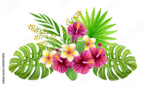 Tropical bouquet. Watercolor painting with pink Chinese Hibiscus rose flowers and palm leave isolated on white background. Floral summer composition.