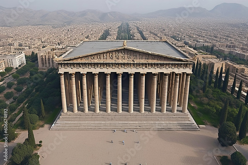 an aerial view of the partheni temple in athens, with mountains in the background and people walking around. Generative Ai photo