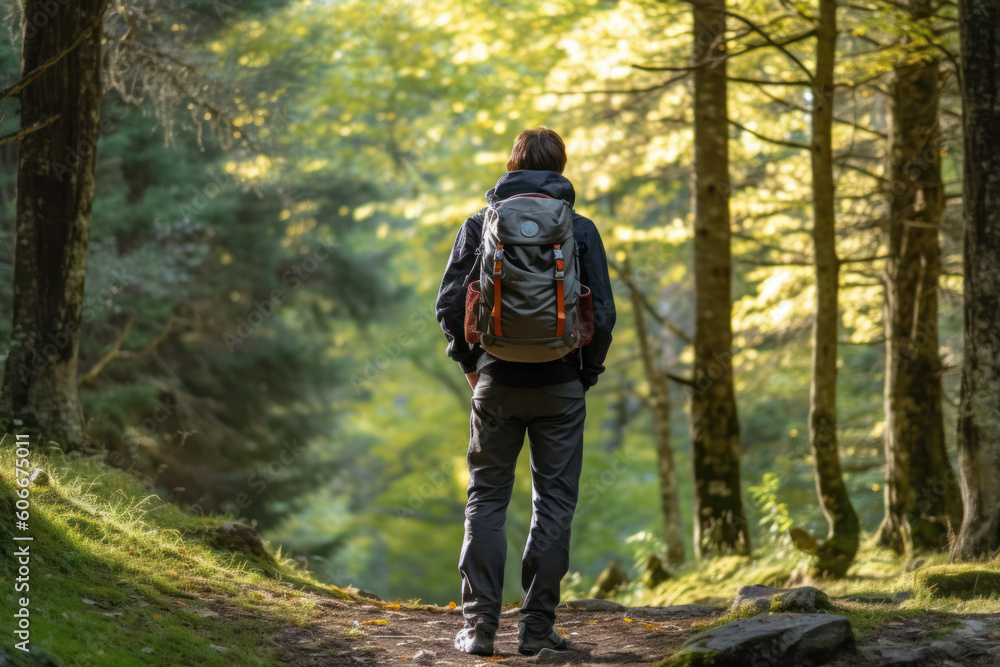 Male hiker with the backpack, standing in the wilderness forest scenery