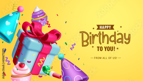 Happy birthday text vector design. Birthday elements gift, cupcakes and party hat with confetti in yellow background. Vector illustration for greeting card.