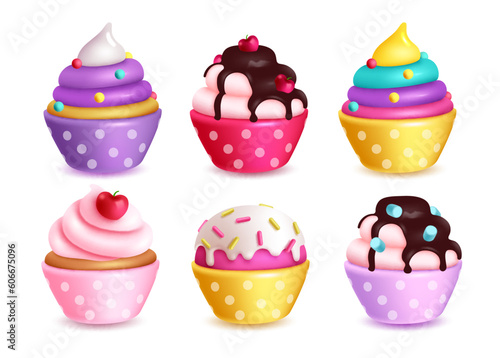 Birthday cupcakes set vector design. Cup cake and muffin collection for kids birthday party. Vector illustration dessert isolated elements.