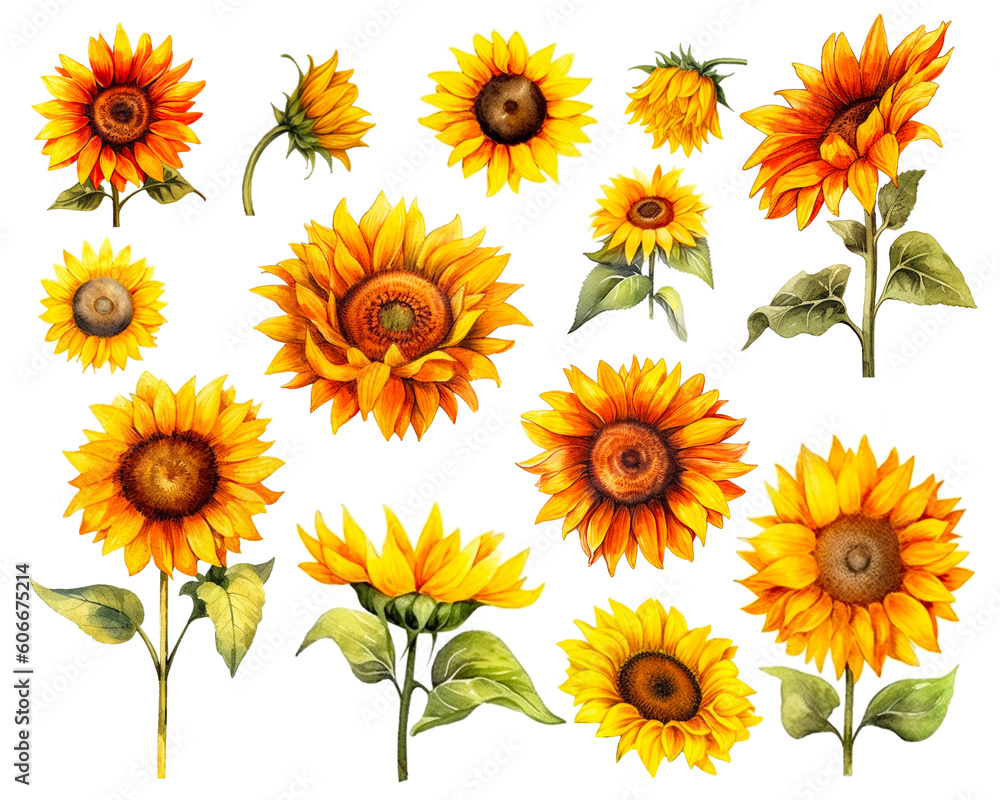 Watercolor Sunflower set isolated on white background. PNG transparent background. AI Generative. Watercolor Sunflower set isolated on white background. PNG transparent background. AI Generative.