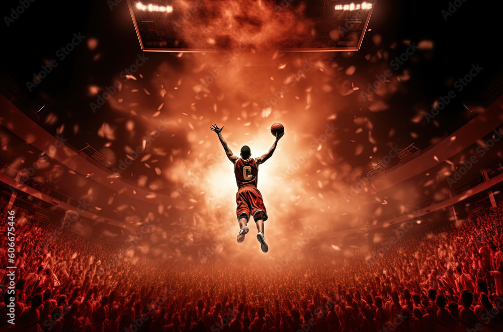 basketball player in flight during basketball games, in the style of light crimson, cartelcore