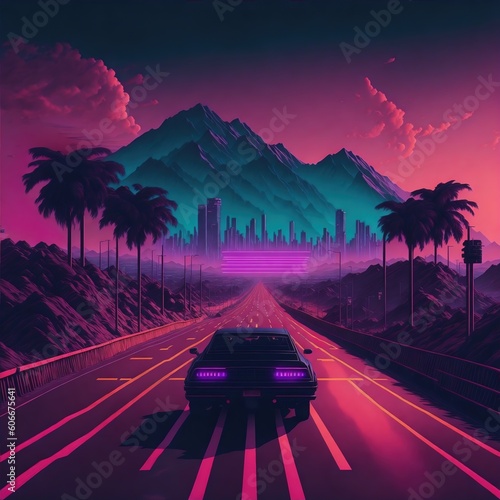 Synthwave Horizons: Digital Retro Summer Landscapes - Embracing the Nostalgic 80s Aesthetic with Mountains, Sunsets, and Vibrant Retrowave Vibes photo