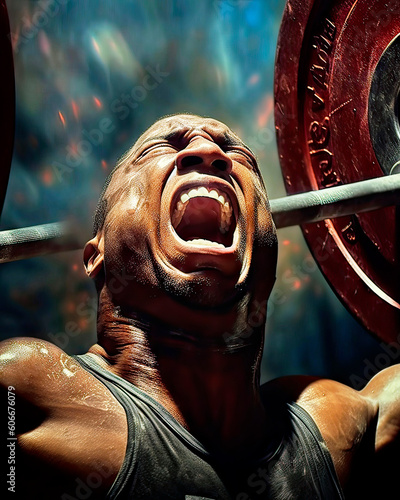 Portrait from below of a black weightlifter lifting a heavy weight with his mouth wide open screaming, close-up, made with generative ai