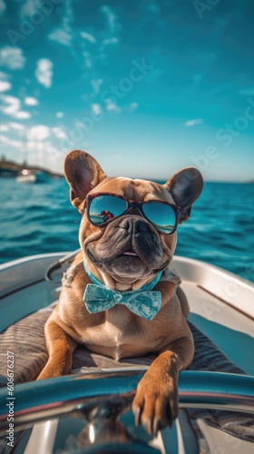 Yacht Life: A Dog on a Boat Wearing Sunglasses in the Sunlight. Generative AI. © 0xfrnt