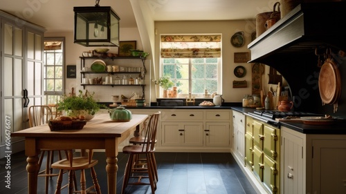 The interior design of gorgeous antique country kitchen with counter seating in subtle english style. Generative AI AIG27.