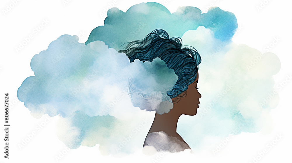 Φωτογραφία Portrait of a beautiful young woman with blue hair and clouds