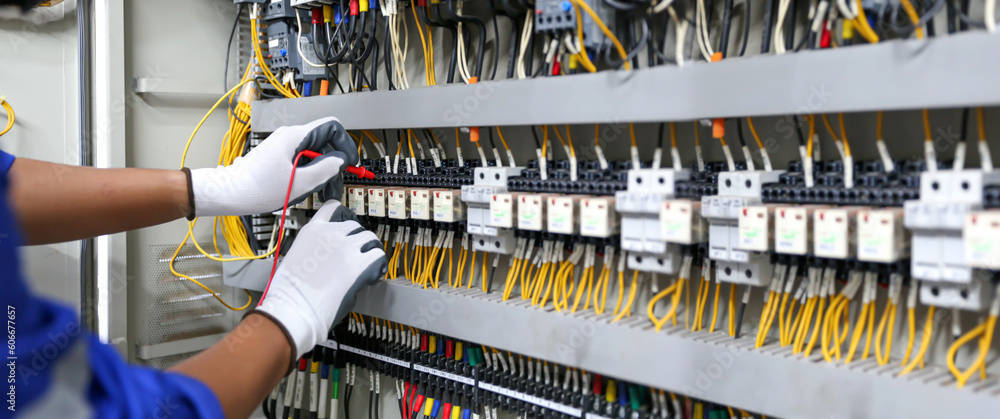 Electricity and electrical maintenance service, Engineer hand checking electric current voltage at circuit breaker terminal and cable wiring in main power distribution board. - obrazy, fototapety, plakaty 