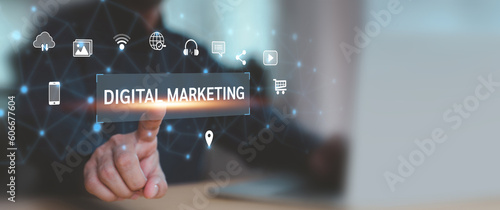 Digital marketing with graph and social media technology for growth planning or internet mobile banking bill payment or online shopping or financial cyber security and customer service concept.