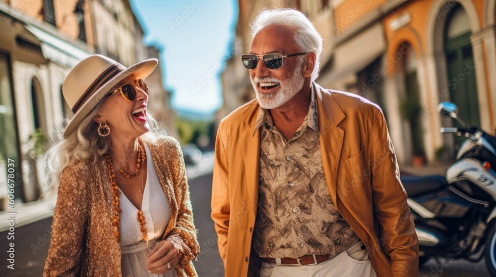 An extravagant joyful elderly couple in the Italian street An extravagant joyful elderly couple in the Italian street