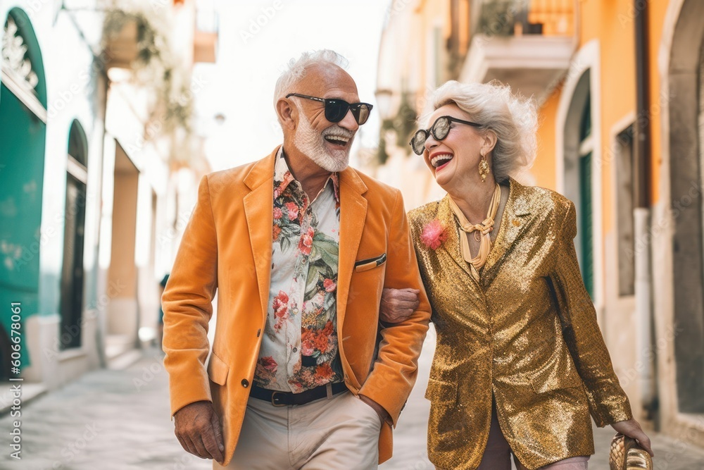 An extravagant joyful elderly couple in the Italian street An extravagant joyful elderly couple in the Italian street