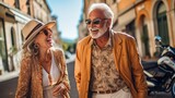 An extravagant joyful elderly couple in the Italian street