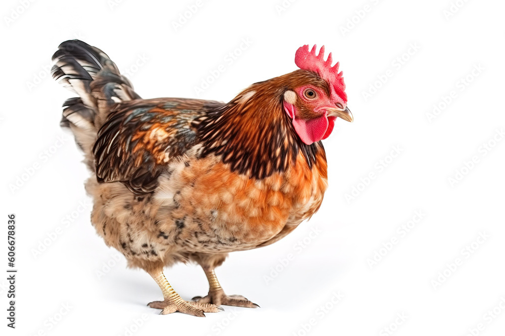 Image of brown hen on white background. Farm animal. Illustration. Generative AI.