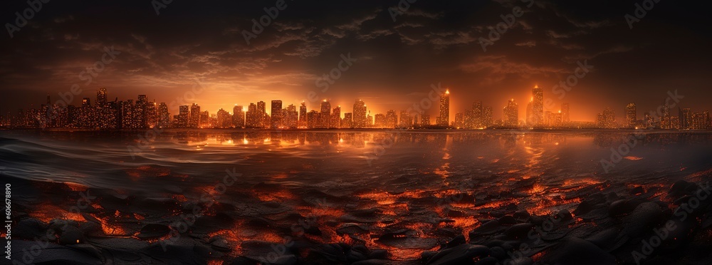 Post apocalypse. Nuclear apocalypse survivor. Ruined Cityscape. Concept. Banner size. Header, A nuclear explosion in the center of the metropolis. The beginning of apocalyptic, generate ai
