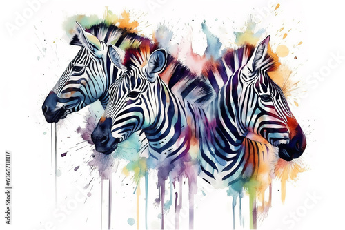 Watercolor painting of an zebras on a white background. Wildlife Animals. Illustration  generative AI.