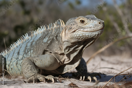Image of an iguana on the sand. Reptile. Wildlife Animals. Illustration. Generative AI. © yod67