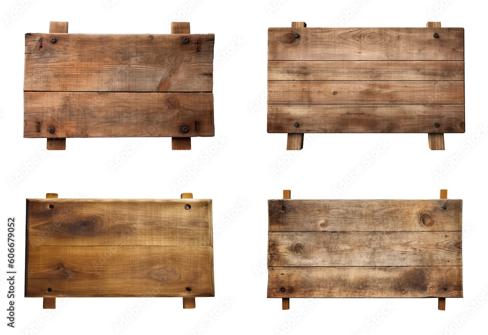 Set of four empty old brown wooden board signs, isolated on transparent background, Generative AI