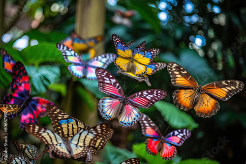 many colorful butterflies flying in the air with green leaves and trees in the background, as well viewed from above. Generative Ai photo