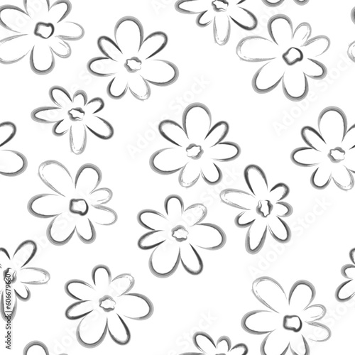 Seamless botanical pattern of daisies. Watercolor handmade painting of flowers in a naive style, childish primitive drawing. Monochrome vector illustration isolated on white background.