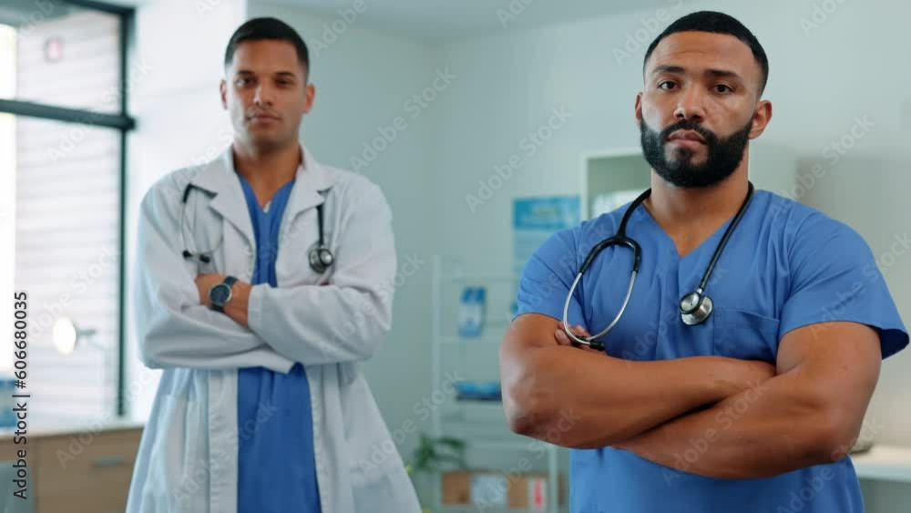 Medical men, portrait and team with a doctor and nurse for healthcare, support and confidence. Male workers in a hospital for professional care, wellness and healing with teamwork and medicine Medical men, portrait and team with a doctor and nurse for healthcare, support and confidence. Male workers in a hospital for professional care, wellness and healing with teamwork and medicine