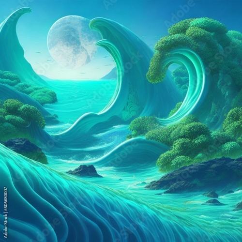 A futuristic  fluid landscape with rolling hills made of giant  massive wave7