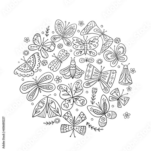 Ornate colorful butterflies, circle frame. Art Collection for your design