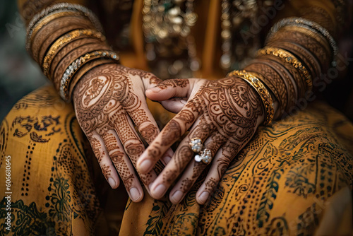 the bride's hands with hennap on her wedding day in new delhi, india by indian wedding photographer and videographer. Generative Ai