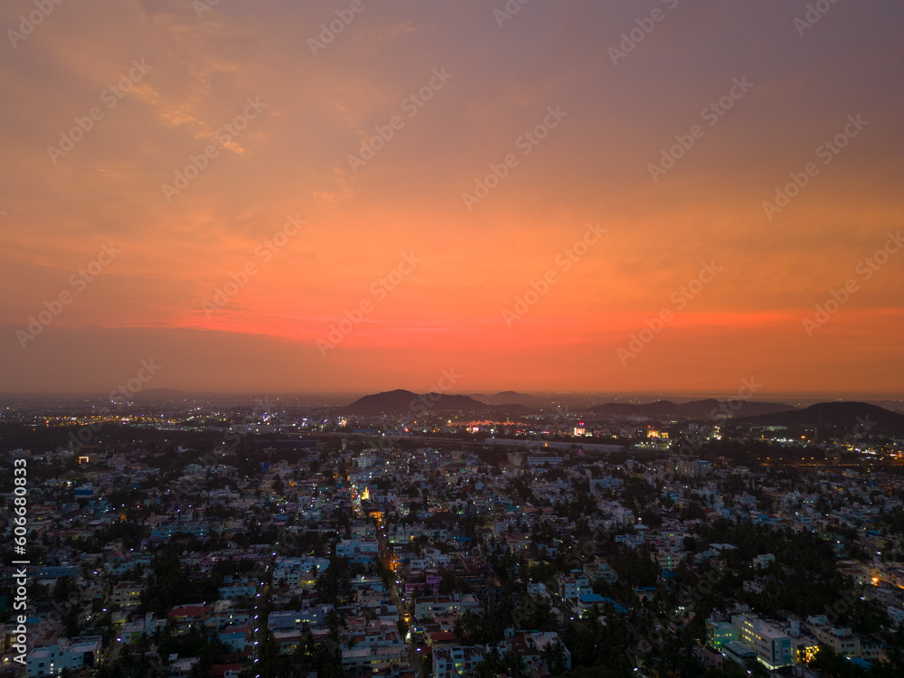 Aerial view of sunset over a city
