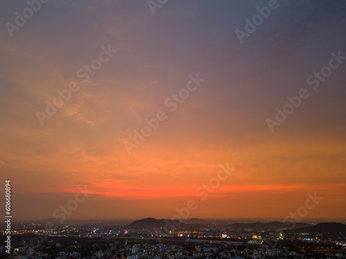 Aerial view of sunset over a city