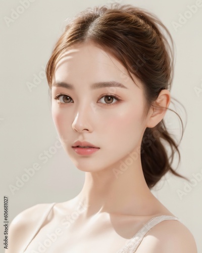 Portrait of beautiful Japanese women with ponytail wearing ballet dress with simple studio background by generative AI photo