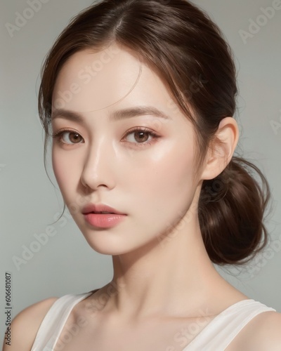 Portrait of beautiful Japanese women with ponytail wearing ballet dress with simple studio background by generative AI