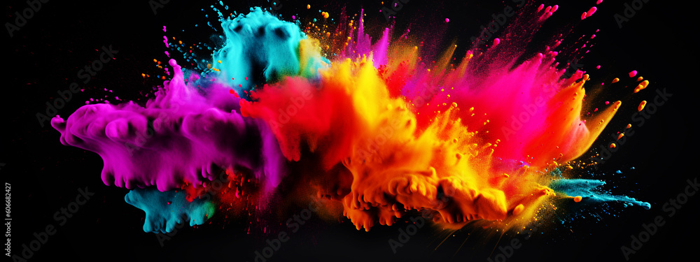 Colorful explosion of paint isolated on black background. Generative AI