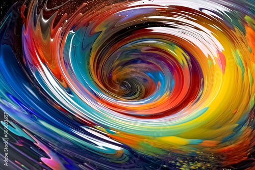 Visual spectacle of watercolor and poster plastic color intertwining in a vibrant ring shaped display, reminiscent of a captivating rainbow on black background. generative AI.