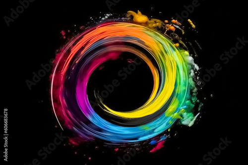 Visual spectacle of watercolor and poster plastic color intertwining in a vibrant ring shaped display, reminiscent of a captivating rainbow on black background. generative AI.