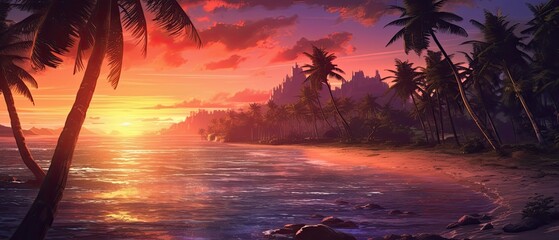 Leinwandbilder Purpur Idyllic landscape of beach and palm trees. Generative AI  © Miguel Aguirre
