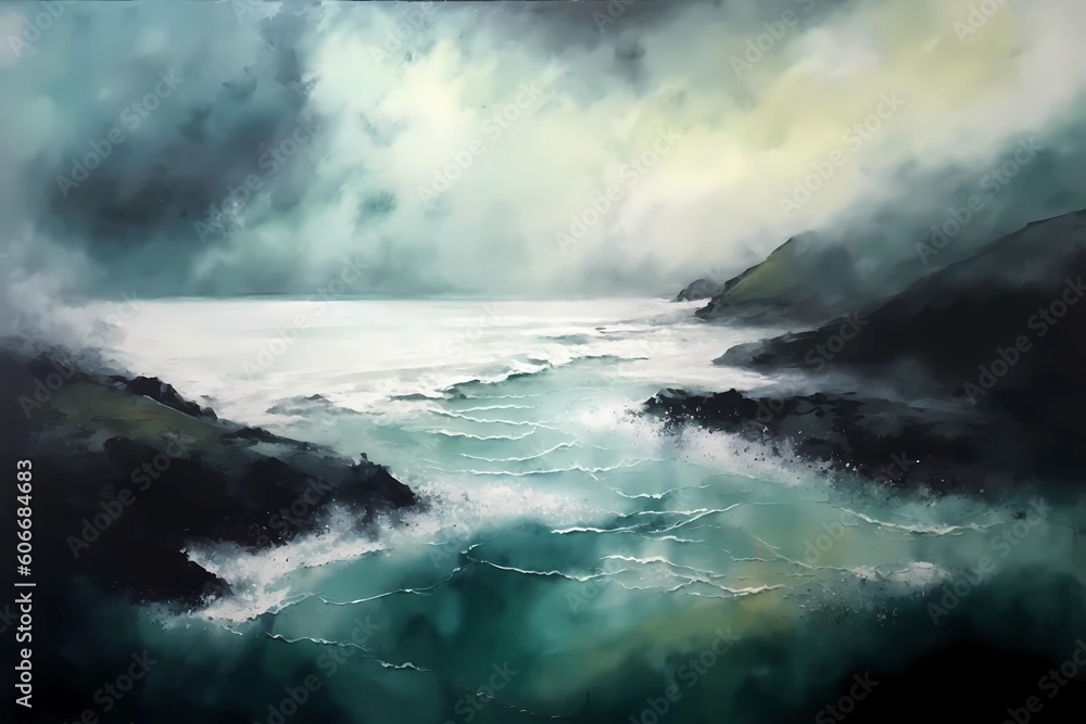 Seascape. Restless sea in a storm. Abstract painting. AI generative